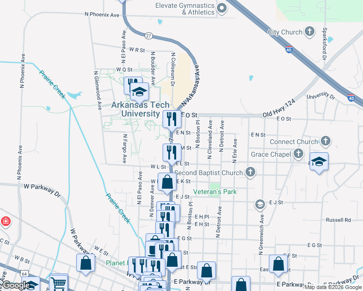 map of restaurants, bars, coffee shops, grocery stores, and more near 1301 North Boston Avenue in Russellville