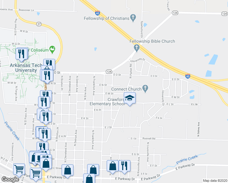 map of restaurants, bars, coffee shops, grocery stores, and more near 801 East M Street in Russellville