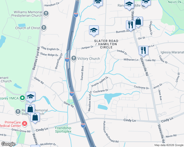 map of restaurants, bars, coffee shops, grocery stores, and more near 3115 Bennett Neely Lane in Charlotte