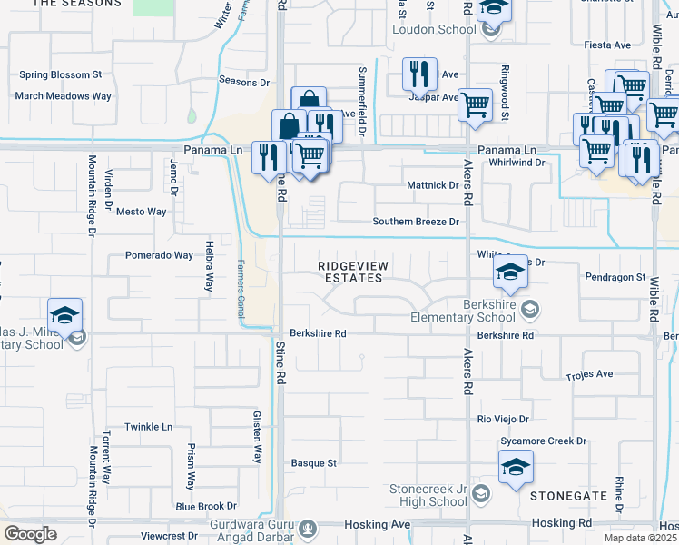 map of restaurants, bars, coffee shops, grocery stores, and more near 4605 Noella Road in Bakersfield