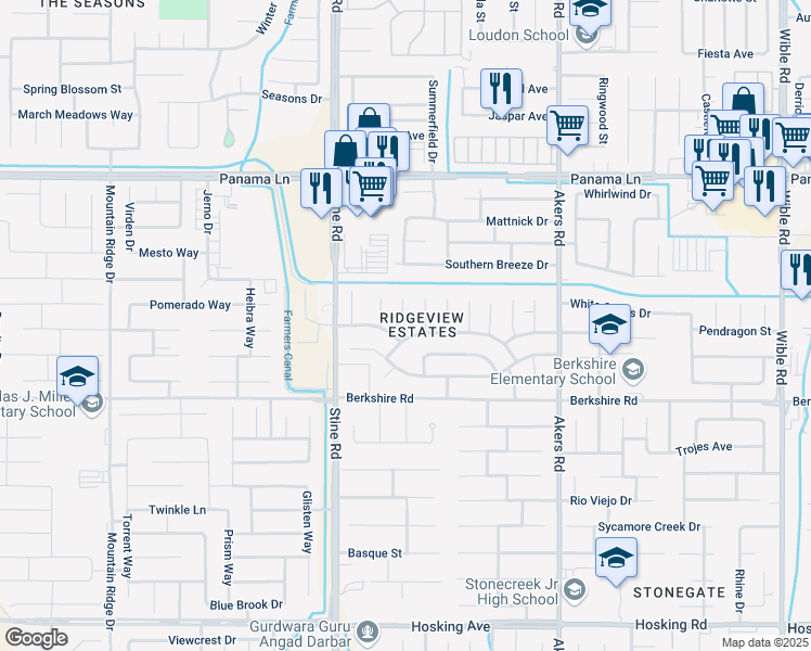map of restaurants, bars, coffee shops, grocery stores, and more near 4605 Noella Road in Bakersfield