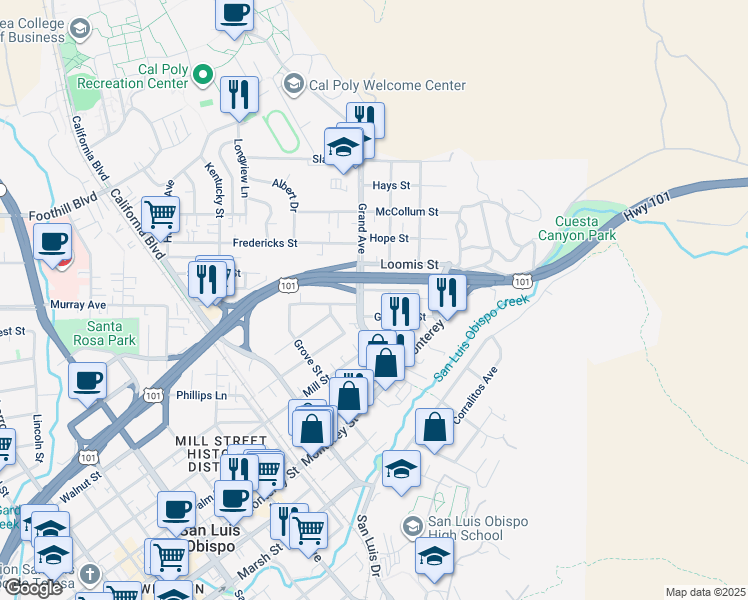 map of restaurants, bars, coffee shops, grocery stores, and more near 16 Garfield Street in San Luis Obispo