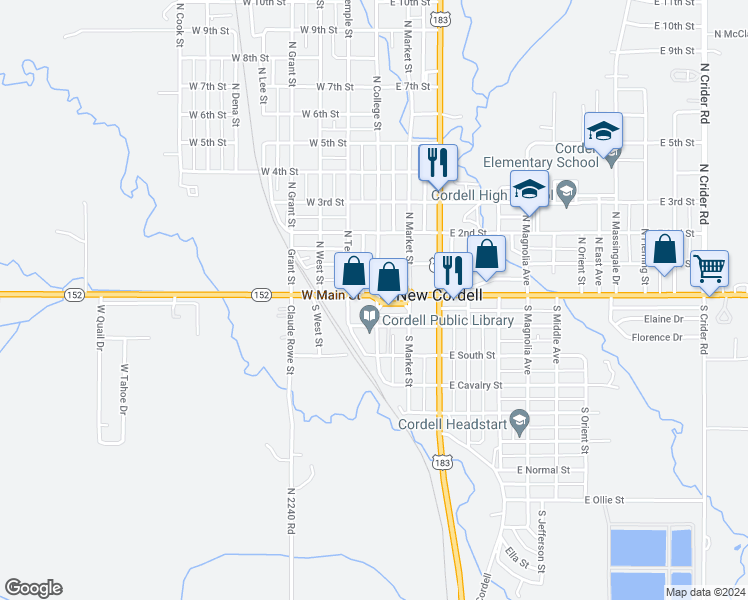 map of restaurants, bars, coffee shops, grocery stores, and more near 109 South Temple Street in New Cordell