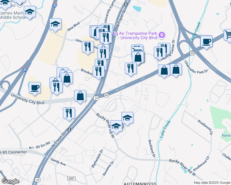 map of restaurants, bars, coffee shops, grocery stores, and more near 7500 University City Boulevard in Charlotte