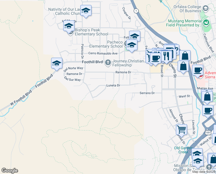 map of restaurants, bars, coffee shops, grocery stores, and more near 95 Rafael Way in San Luis Obispo