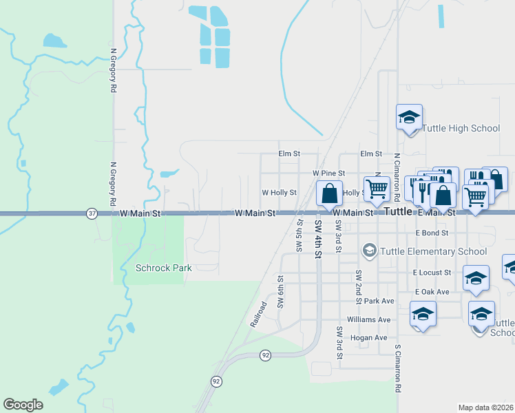 map of restaurants, bars, coffee shops, grocery stores, and more near 605 West Main Street in Tuttle