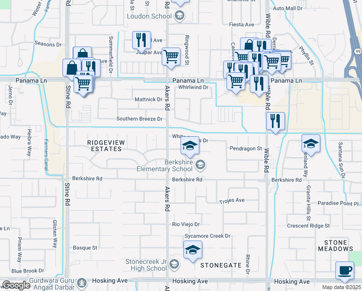 map of restaurants, bars, coffee shops, grocery stores, and more near 4008 Amherst Forest Road in Bakersfield