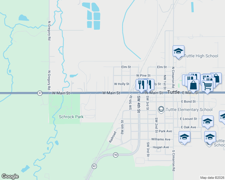 map of restaurants, bars, coffee shops, grocery stores, and more near 605 West Main Street in Tuttle