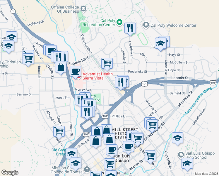 map of restaurants, bars, coffee shops, grocery stores, and more near 505A Hathway Avenue in San Luis Obispo