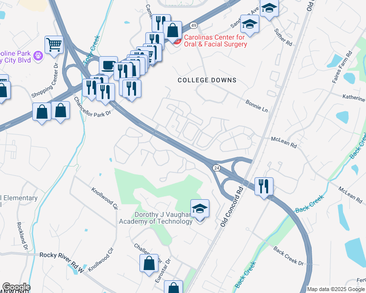 map of restaurants, bars, coffee shops, grocery stores, and more near 1227 East West T Harris Boulevard in Charlotte
