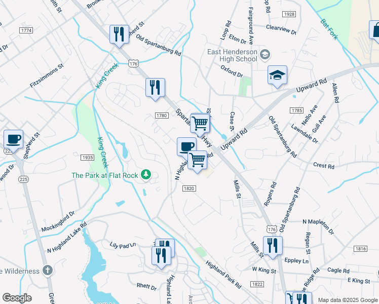 map of restaurants, bars, coffee shops, grocery stores, and more near 201 Quail Cove Lane in Flat Rock