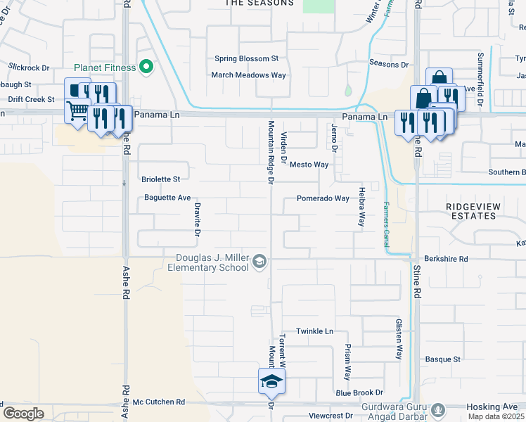 map of restaurants, bars, coffee shops, grocery stores, and more near 5609 Carrotwood Avenue in Bakersfield