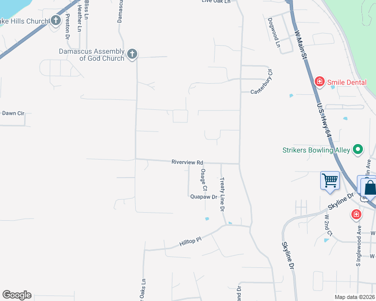 map of restaurants, bars, coffee shops, grocery stores, and more near 3306 Riverview Road in Russellville