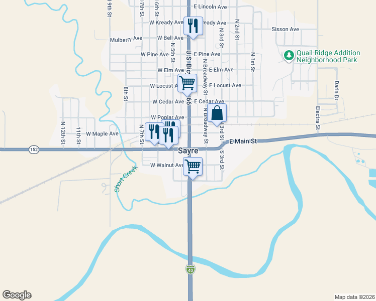 map of restaurants, bars, coffee shops, grocery stores, and more near in Sayre
