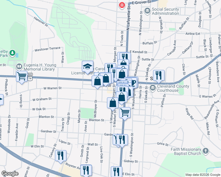 map of restaurants, bars, coffee shops, grocery stores, and more near 200 West Warren Street in Shelby