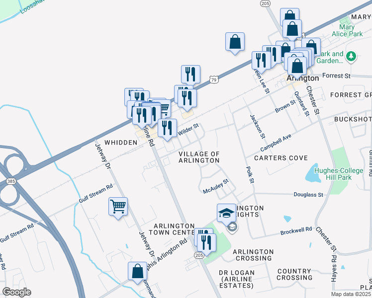 map of restaurants, bars, coffee shops, grocery stores, and more near 11735 Village Center Street in Arlington