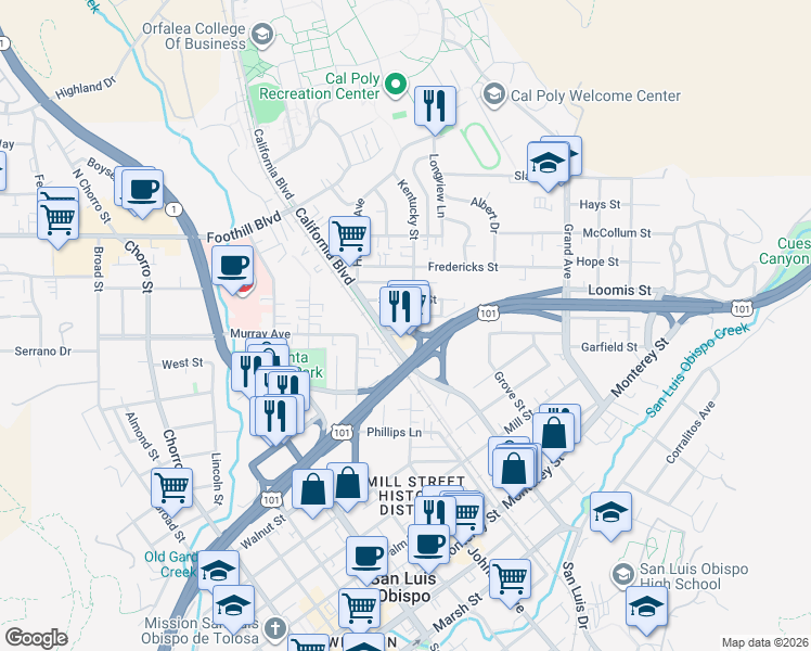 map of restaurants, bars, coffee shops, grocery stores, and more near 596 California Boulevard in San Luis Obispo