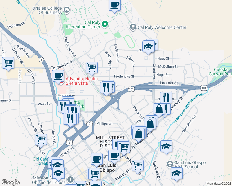 map of restaurants, bars, coffee shops, grocery stores, and more near 1382 Taft Street in San Luis Obispo