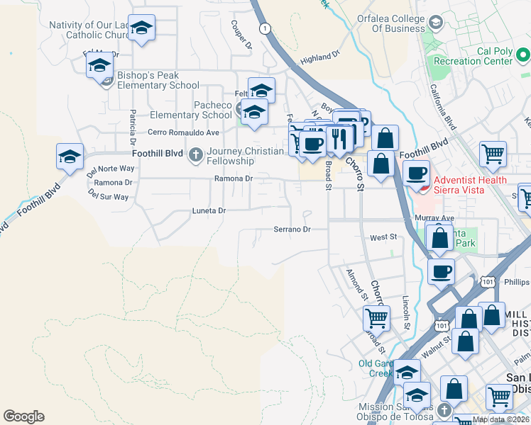map of restaurants, bars, coffee shops, grocery stores, and more near 600 Serrano Drive in San Luis Obispo