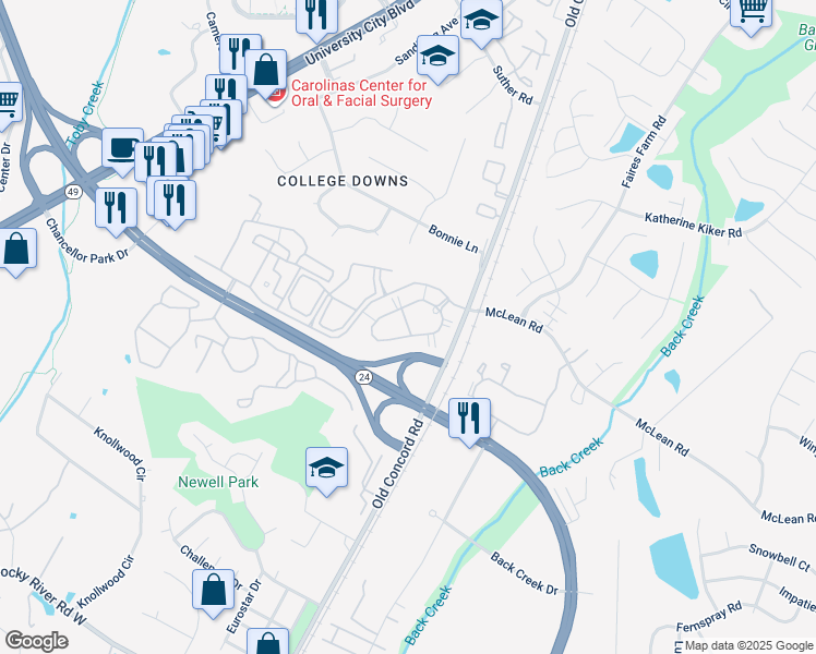 map of restaurants, bars, coffee shops, grocery stores, and more near 1600 Ivy Meadow Drive in Charlotte