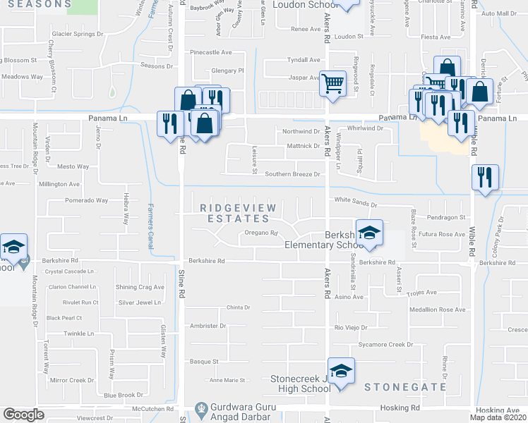map of restaurants, bars, coffee shops, grocery stores, and more near 7009 Kings Forest Court in Bakersfield