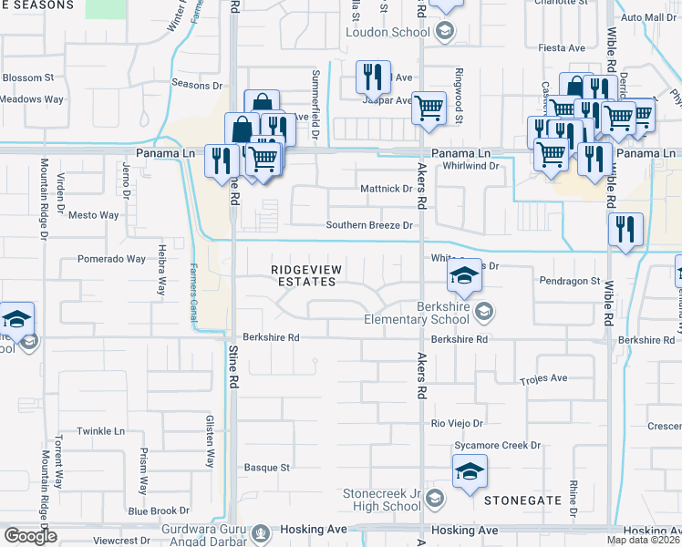 map of restaurants, bars, coffee shops, grocery stores, and more near 7009 Kings Forest Court in Bakersfield