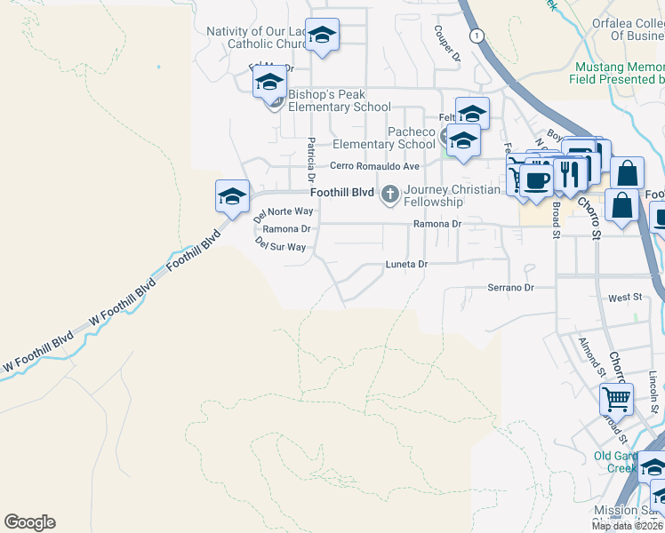 map of restaurants, bars, coffee shops, grocery stores, and more near 233 Catalina Drive in San Luis Obispo