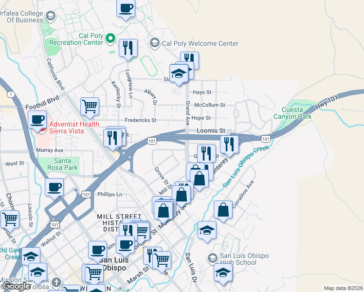 map of restaurants, bars, coffee shops, grocery stores, and more near 640 Park Street in San Luis Obispo