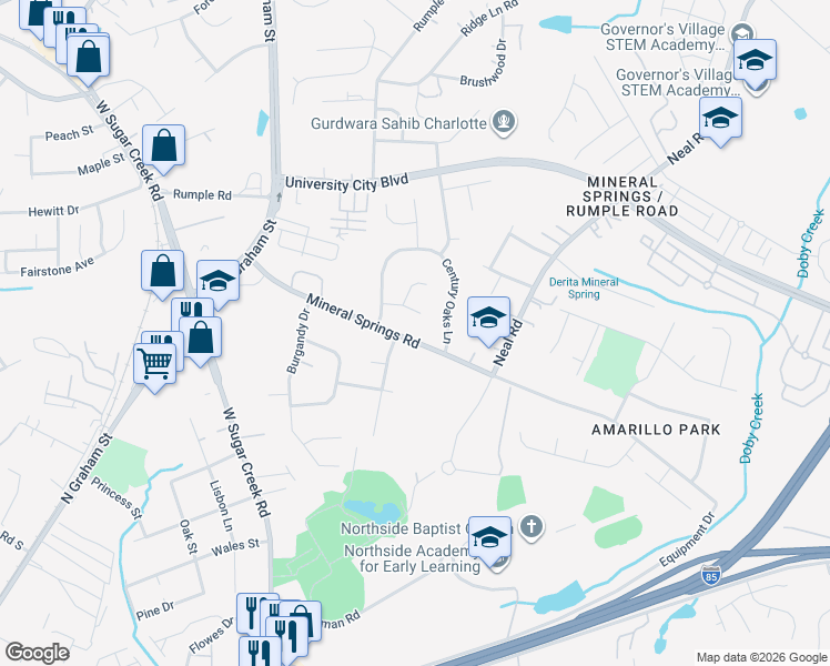 map of restaurants, bars, coffee shops, grocery stores, and more near 2036 Aberglen Drive in Charlotte