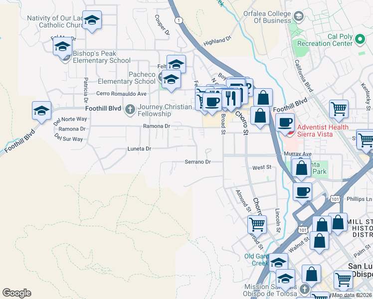 map of restaurants, bars, coffee shops, grocery stores, and more near 600 Serrano Drive in San Luis Obispo