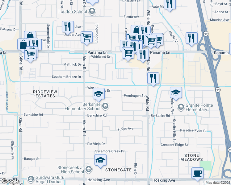 map of restaurants, bars, coffee shops, grocery stores, and more near 3614 White Sands Drive in Bakersfield