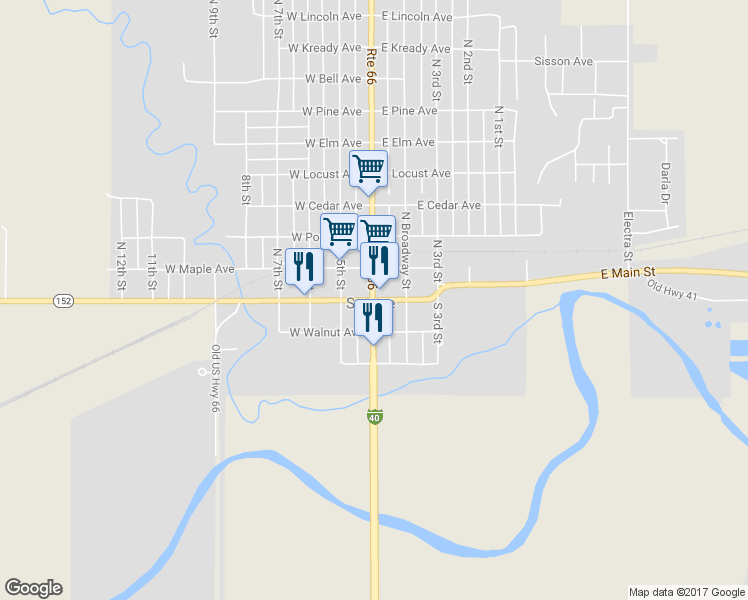 map of restaurants, bars, coffee shops, grocery stores, and more near N 4th St & W Main St in Sayre