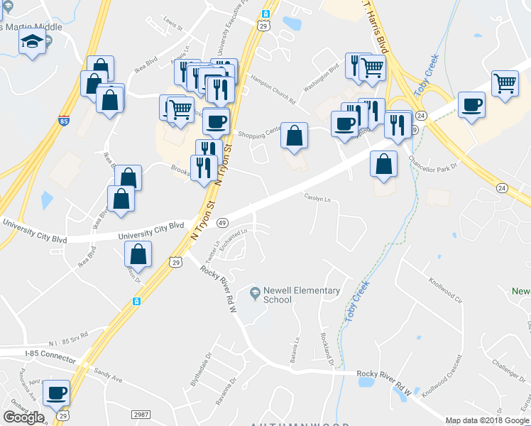 map of restaurants, bars, coffee shops, grocery stores, and more near Collegeview Mobile Home Park Drive in Charlotte