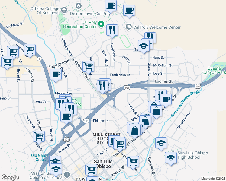 map of restaurants, bars, coffee shops, grocery stores, and more near 1390 Taft Street in San Luis Obispo