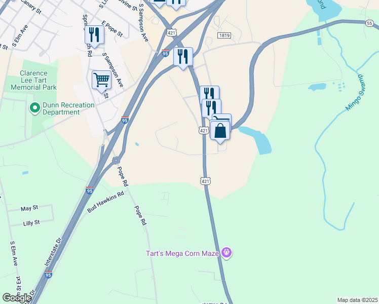 map of restaurants, bars, coffee shops, grocery stores, and more near 102 Winterlochen Drive in Dunn