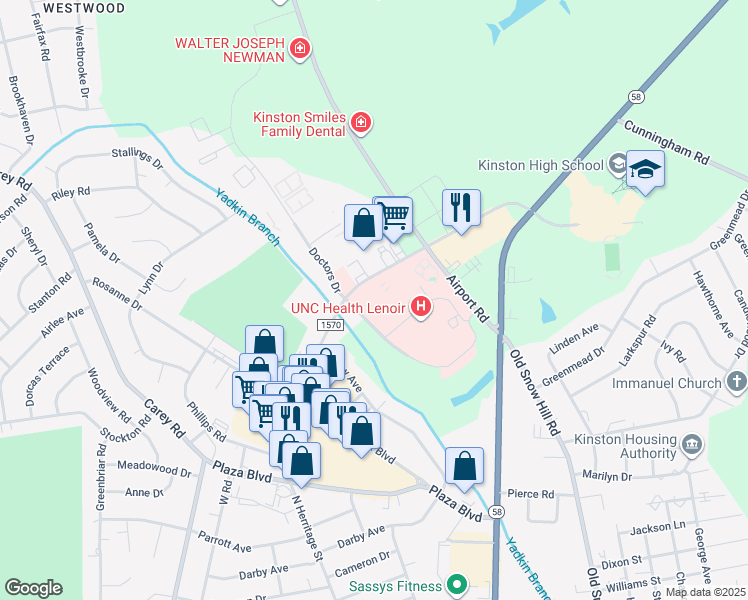 map of restaurants, bars, coffee shops, grocery stores, and more near 2901 North Herritage Street in Kinston