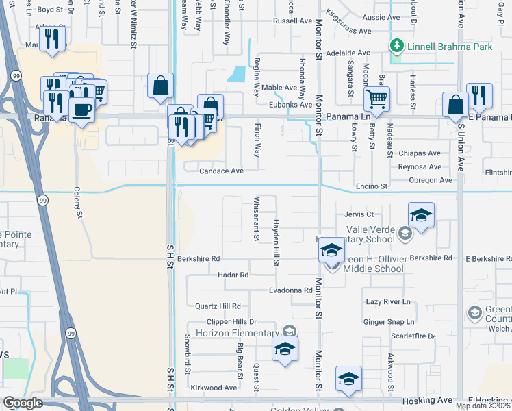 map of restaurants, bars, coffee shops, grocery stores, and more near 1228 Balasis Place in Bakersfield