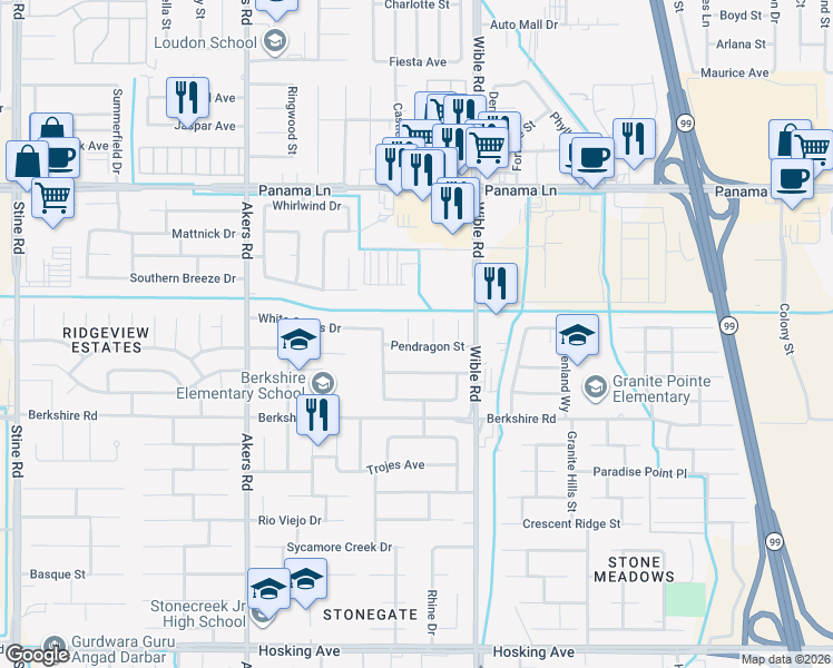 map of restaurants, bars, coffee shops, grocery stores, and more near 6902 Longford Court in Bakersfield