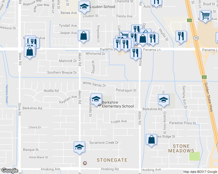 map of restaurants, bars, coffee shops, grocery stores, and more near 3614 White Sands Drive in Bakersfield