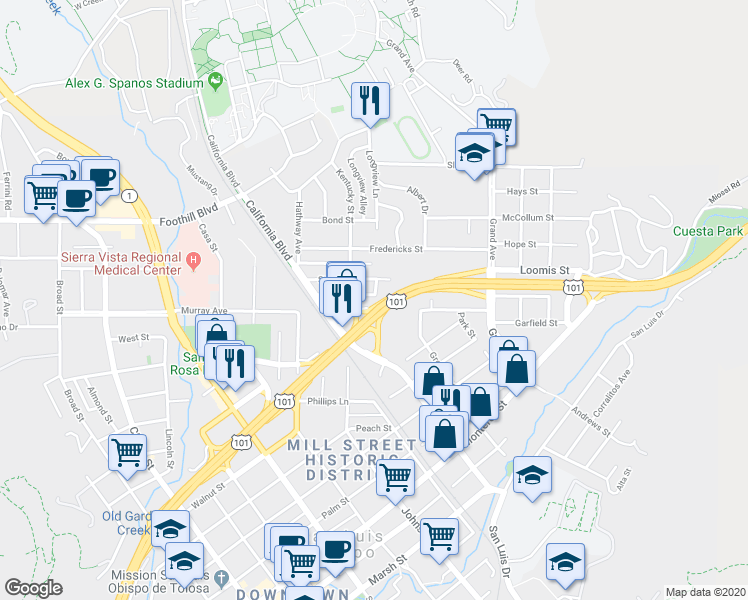 map of restaurants, bars, coffee shops, grocery stores, and more near in San Luis Obispo