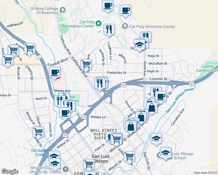 map of restaurants, bars, coffee shops, grocery stores, and more near 1369 Stafford Street in San Luis Obispo
