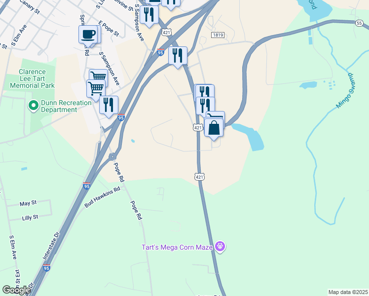 map of restaurants, bars, coffee shops, grocery stores, and more near 102 Winterlochen Drive in Dunn