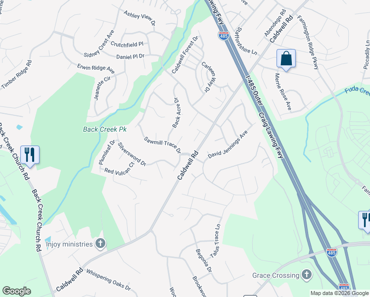 map of restaurants, bars, coffee shops, grocery stores, and more near 13228 White Moon Court in Charlotte