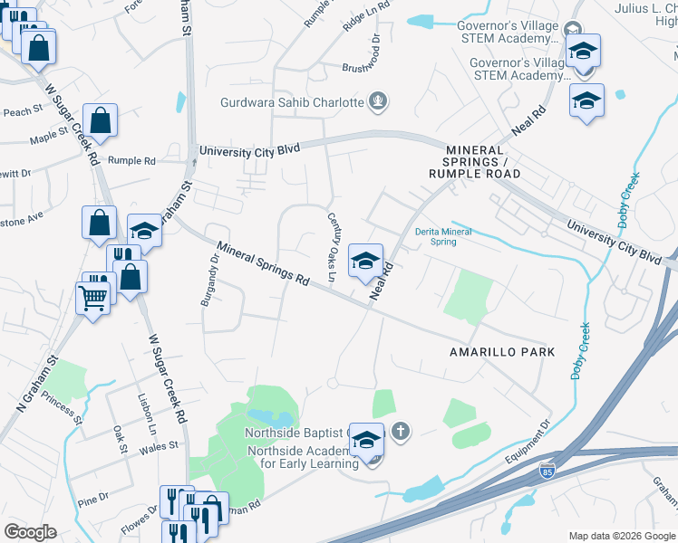 map of restaurants, bars, coffee shops, grocery stores, and more near 2600 Century Oaks Lane in Charlotte