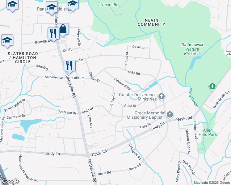 map of restaurants, bars, coffee shops, grocery stores, and more near 5228 Collins Street in Charlotte
