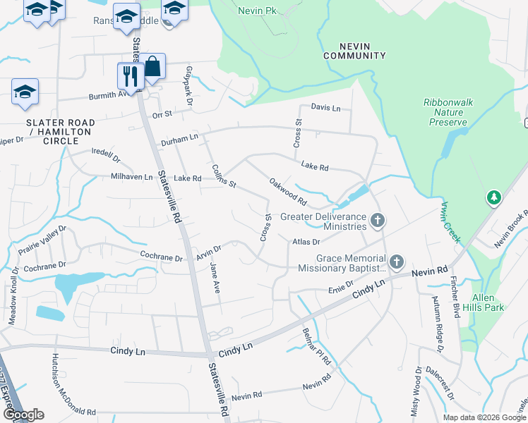 map of restaurants, bars, coffee shops, grocery stores, and more near 5228 Collins Street in Charlotte