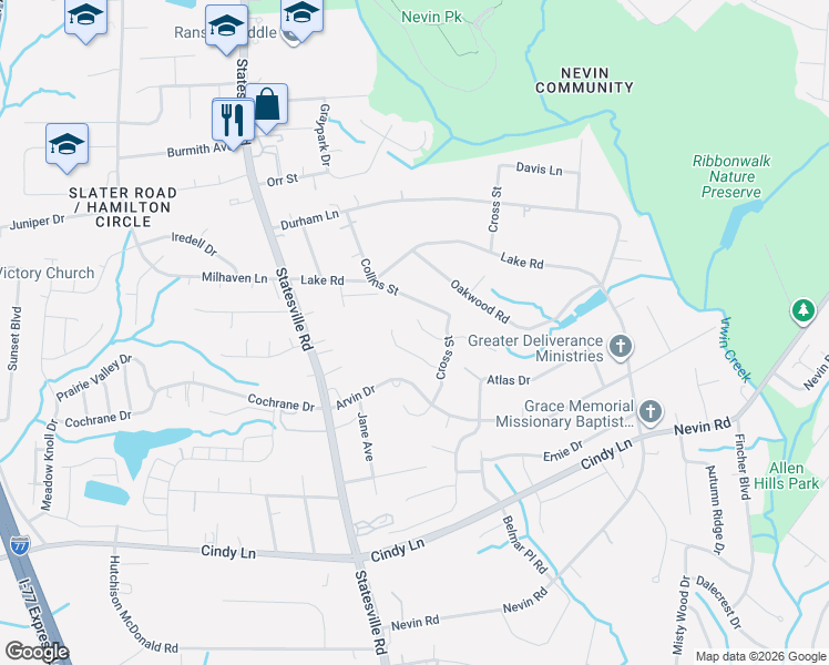 map of restaurants, bars, coffee shops, grocery stores, and more near 4239 Red Shed Lane in Charlotte