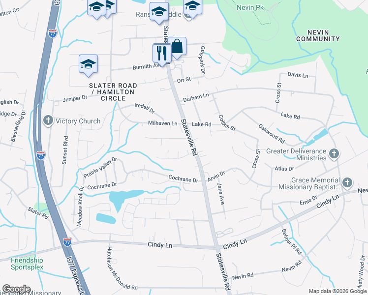 map of restaurants, bars, coffee shops, grocery stores, and more near 4410 Esmeralda Drive in Charlotte