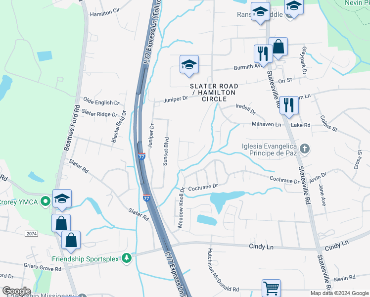 map of restaurants, bars, coffee shops, grocery stores, and more near 2415 Mint Thistle Court in Charlotte