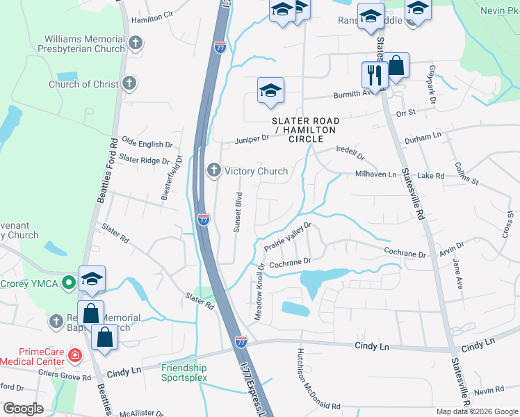 map of restaurants, bars, coffee shops, grocery stores, and more near 2415 Mint Thistle Court in Charlotte